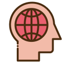 A pink icon of a man in a sideview with pink planet