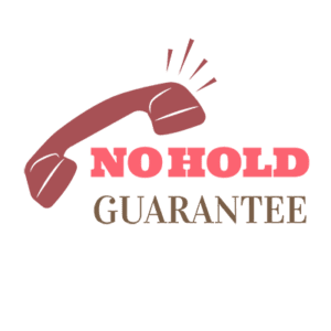 No hold guarantee sign with a dark shade of pink ringing telephone icon above