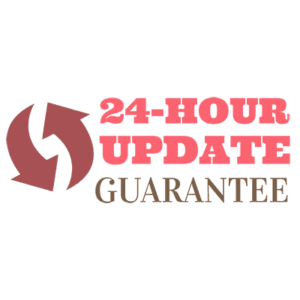 24 hour update guarantee logo with arrows rotating in circle counterclockwise on the left side
