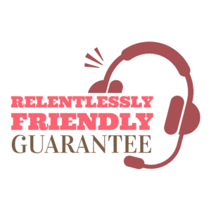 Relentlessly friendly guarantee logo with pink headphone illustration on the right side