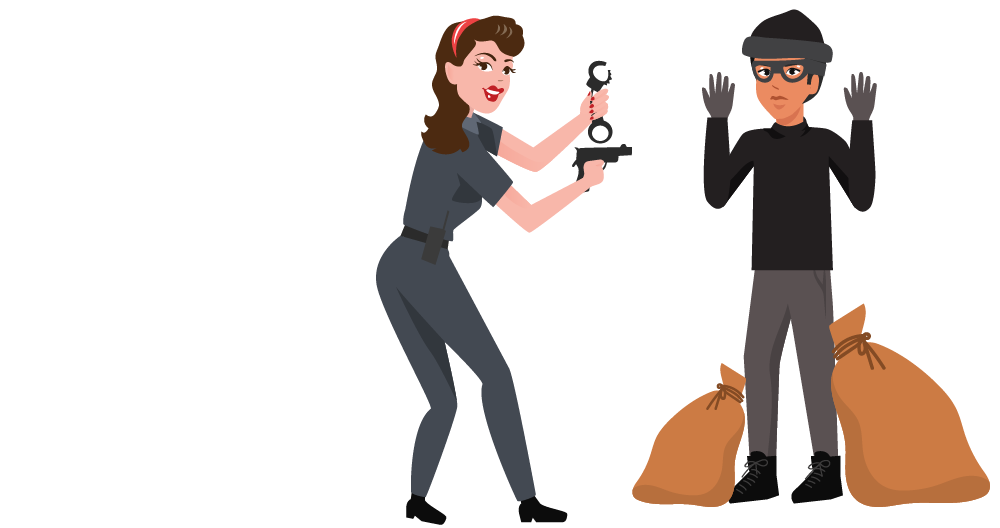 Police woman caught a thief having her gun on the right side pointing on him and to her left holding a handcuff ready to put on him.