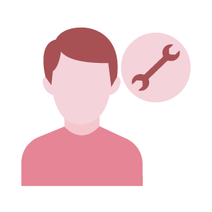 A pink icon man with a pink tool located on his upper left side.