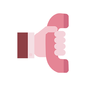 Pink icon of the left hand holding a pink telephone.