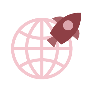 Pink planet with a pink plane located in the upper right side.