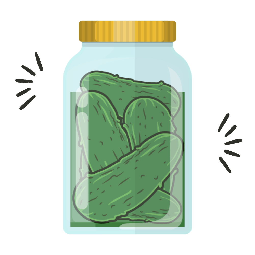 Pickles on a transparent glass jar, yellow lid, 1000x1000px