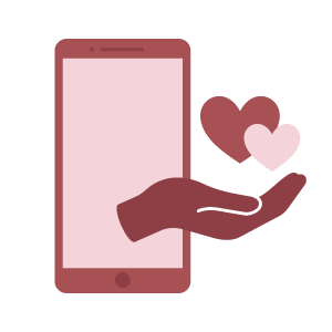 Pink mobile phone with a hand offering hearts
