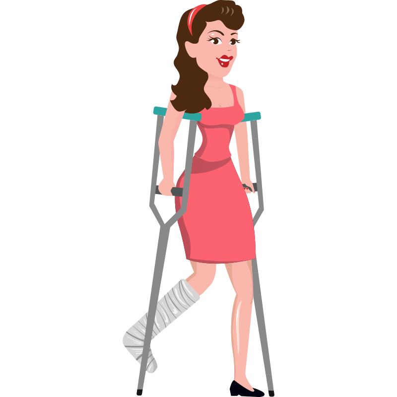 Injured woman and her walking sticks.